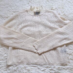 House of Harlow 1960 Cream Sheer Knit Top with Ruffle Neck